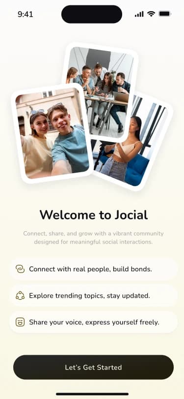 Jocial welcome screen: connect with real people, explore topics, and share your voice.